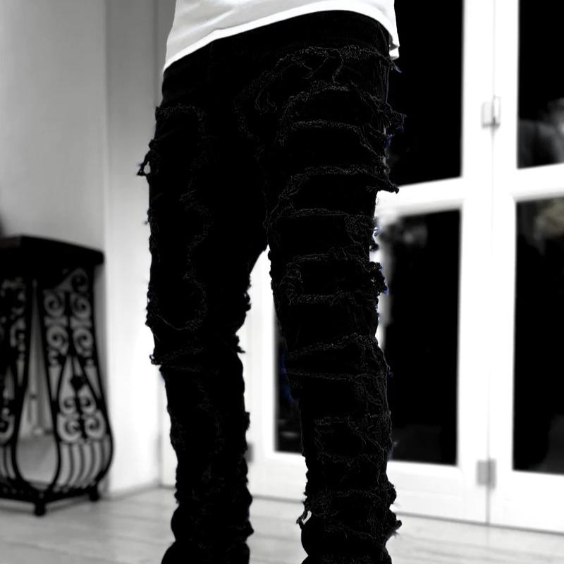 Frühling und Herbst Individuell geflickte schwarze Hose Elastische Quasten-Patch Denim Straight Hose Lang Enganliegend Gesmokte Jeans für Herren XS schwarz