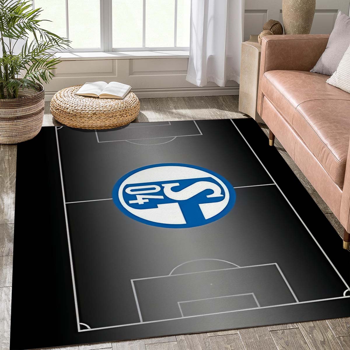 Schalke 04 Fußballfeld Umriss Teppich, Rutschfeste Fußmatte mit Offiziellem S04 Wappen Aufdruck, Sport Deko Teppich für Fan-Höhle & Schlafzimmer 120x160cm( 47x62in )