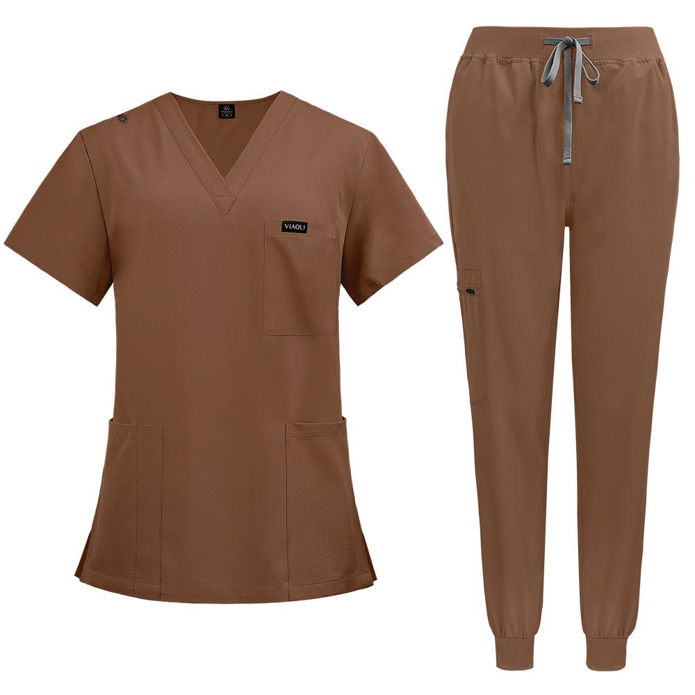 Damen Scrubs Set Joggerhose Henley Zweiteiliges Oberteil und Hose V-Ausschnitt Stretchig Krankenschwester Arbeitsuniform mit Tasche L braun