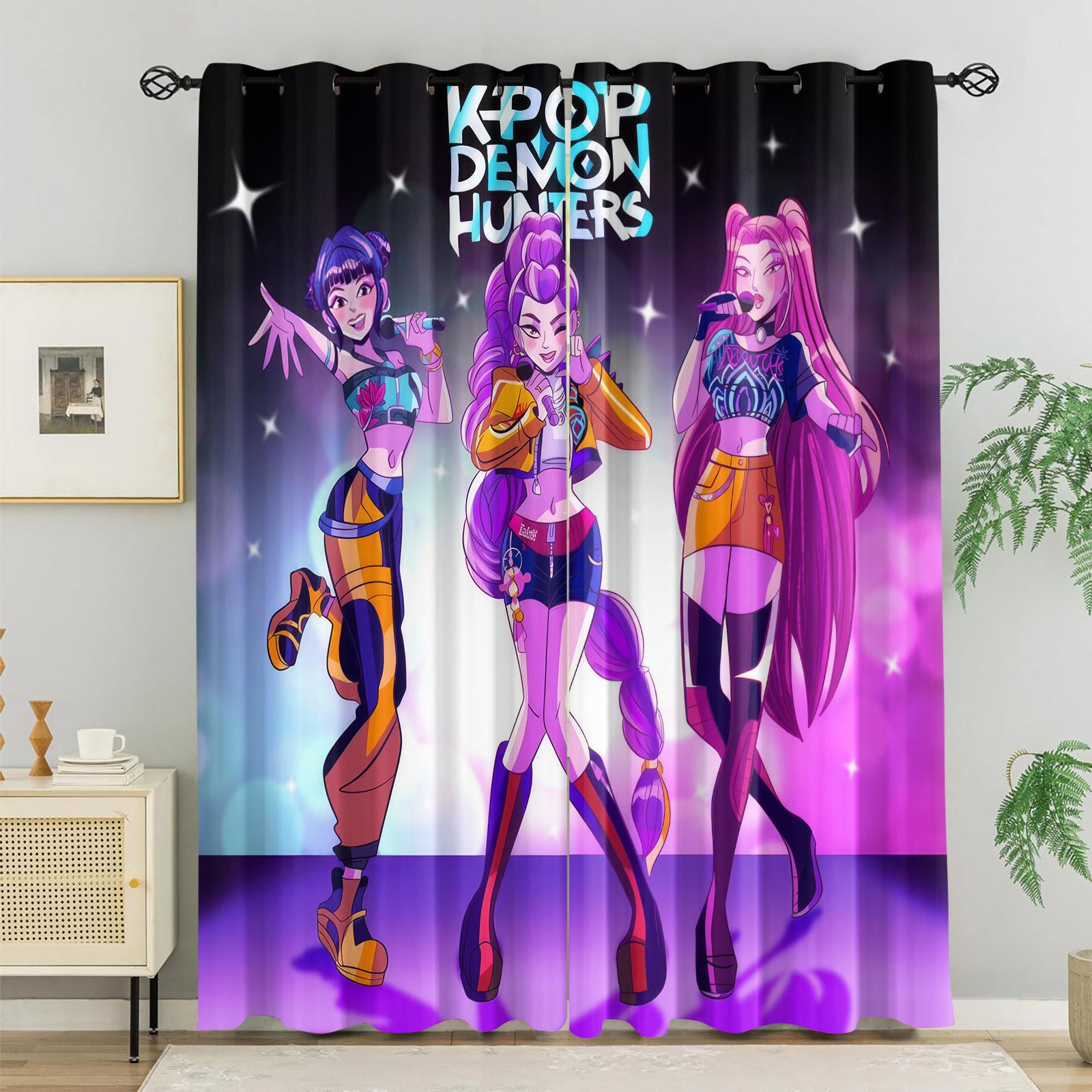 Set aus 2 Pop Dämonenjäger Druck Perforierte Vorhänge Schlafzimmer Wohnzimmer Arbeitszimmer Büro Badezimmer Dekor Verdunkelnd Hergestellt Polyester Maschinenwaschbar Groß W100*H160(CM)-Hooks&2PCS