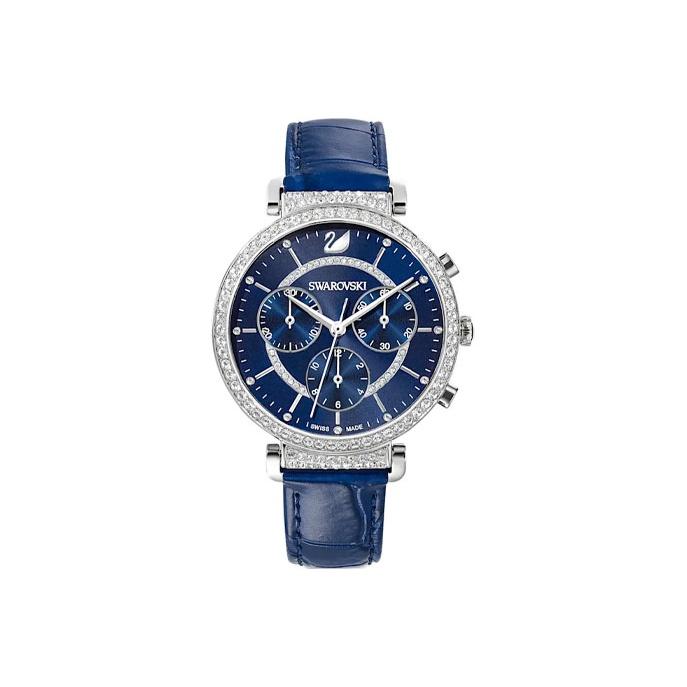 Swarovski Passage Chrono Uhr Quarzwerk Lederarmband Blaues Zifferblatt Drei-Augen-Kristallbesetztes Zifferblatt Damenuhren 5580342 Blue