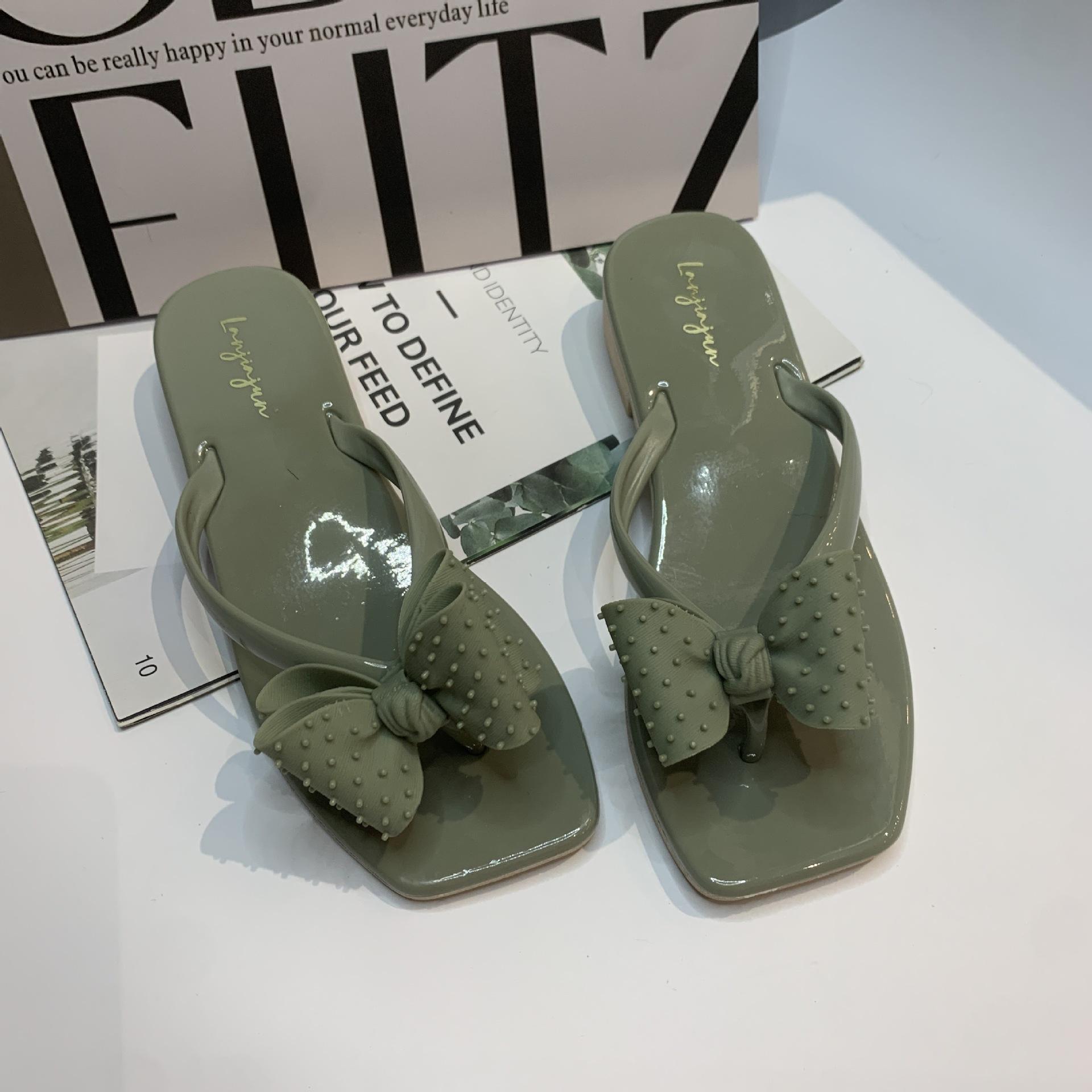 Schleifen-Flip-Flops Damen Sommer neue Mode Trend Mode flacher Boden eckiger Kopf Zehensteg Strandschuhe 41 grün