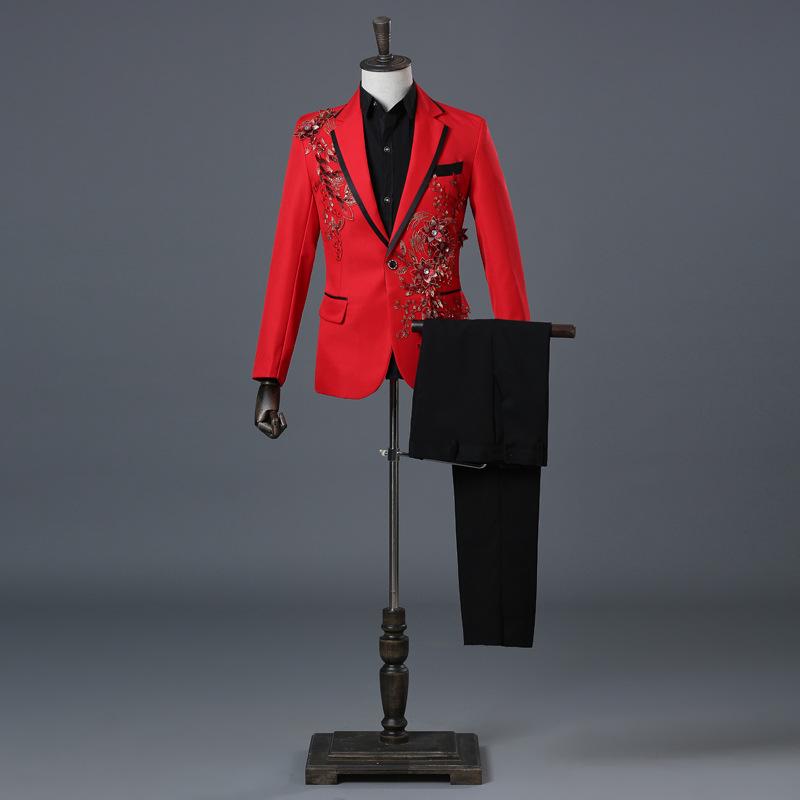 Eleganter, mit Applikationen verzierter Herrenanzug im Slim Fit, 2-teiliger formeller Smoking, Blazer, Hose mit Fliege für den Hochzeitsball XXXL rot