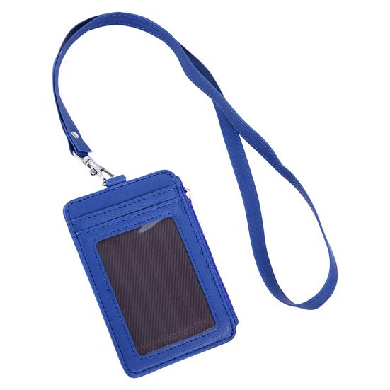 2-in-1-Ausweishalter mit Umhängeband, klarem Fenster, 5 Kartenfächern, Kunstleder, einfarbig, multifunktionales Mitarbeiter-Ausweis-Etui, Reißverschluss, Münzen-Geldbörse blau