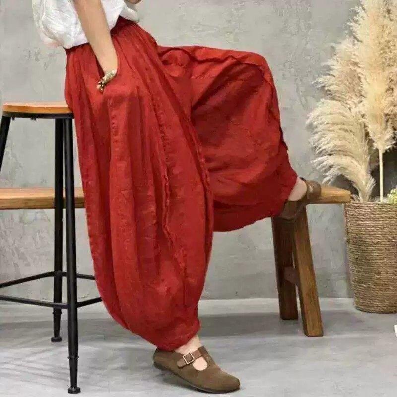 Sommer Herbst Baumwolle und Leinen Bloomers Hose Damen Lockere Hose Mode Damen Vintage Bedruckte Florale Bohemian Gerade Hose M rot