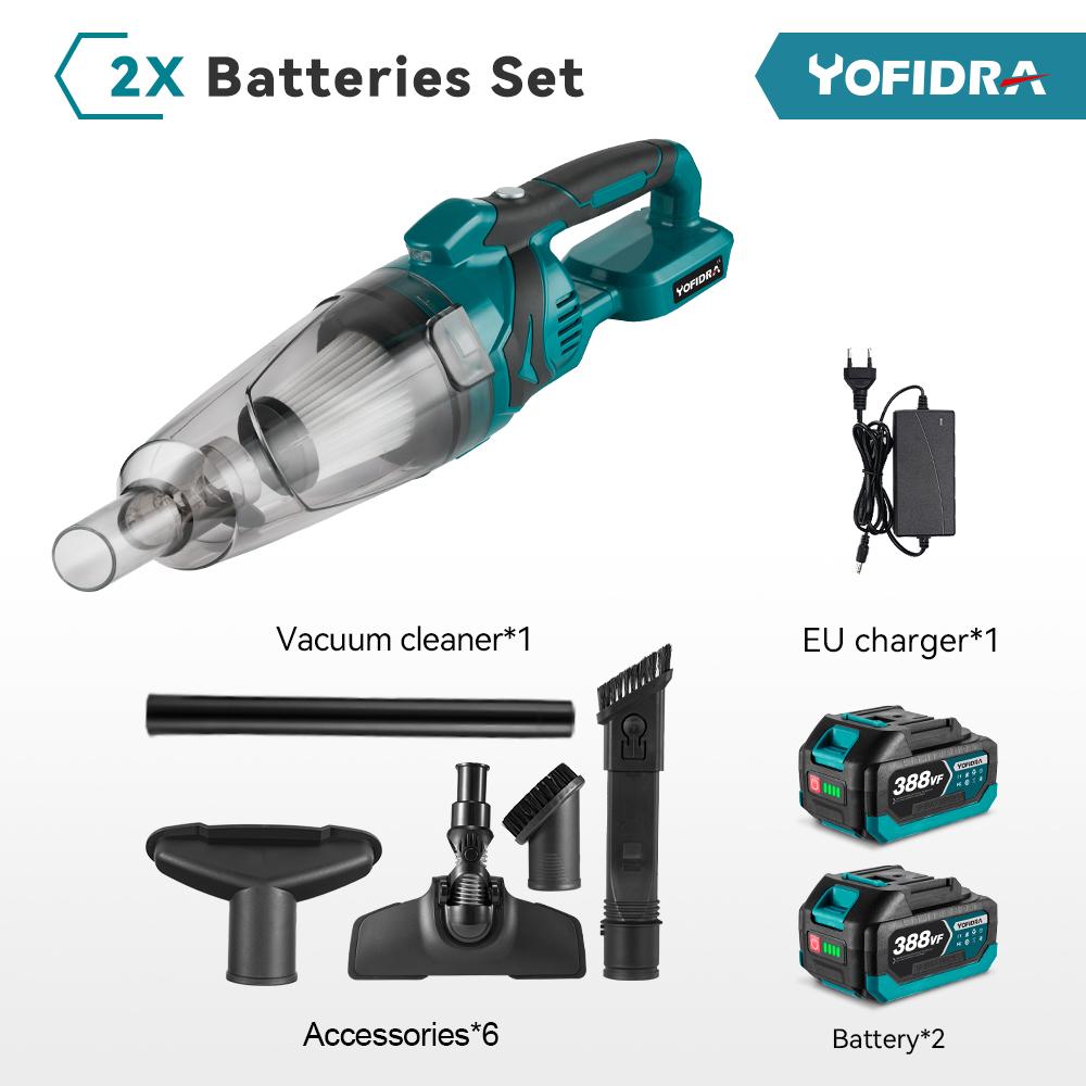 YOFIDRA 1500 W kabelloser elektrischer Handstaubsauger, wiederaufladbares Reinigungswerkzeug für Zuhause, Auto, Tierhaare, für Makita 18 V Akku 2xBattety-EU Plug