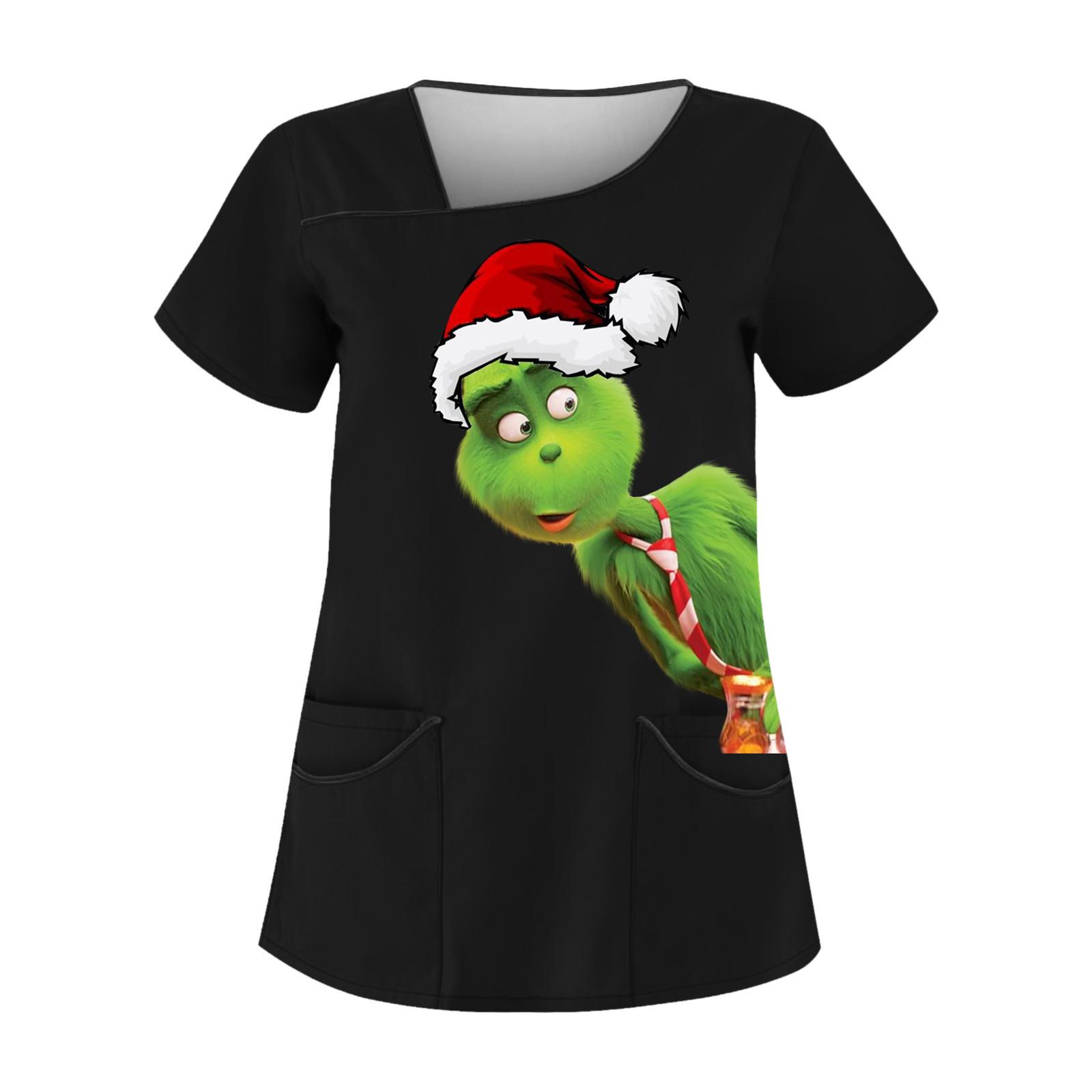 Damen-Arbeitskleidung mit schrägem Kragen und Doppeltasche, Weihnachtsdruck, Basic-Top-Pullover S dunkelgrüne