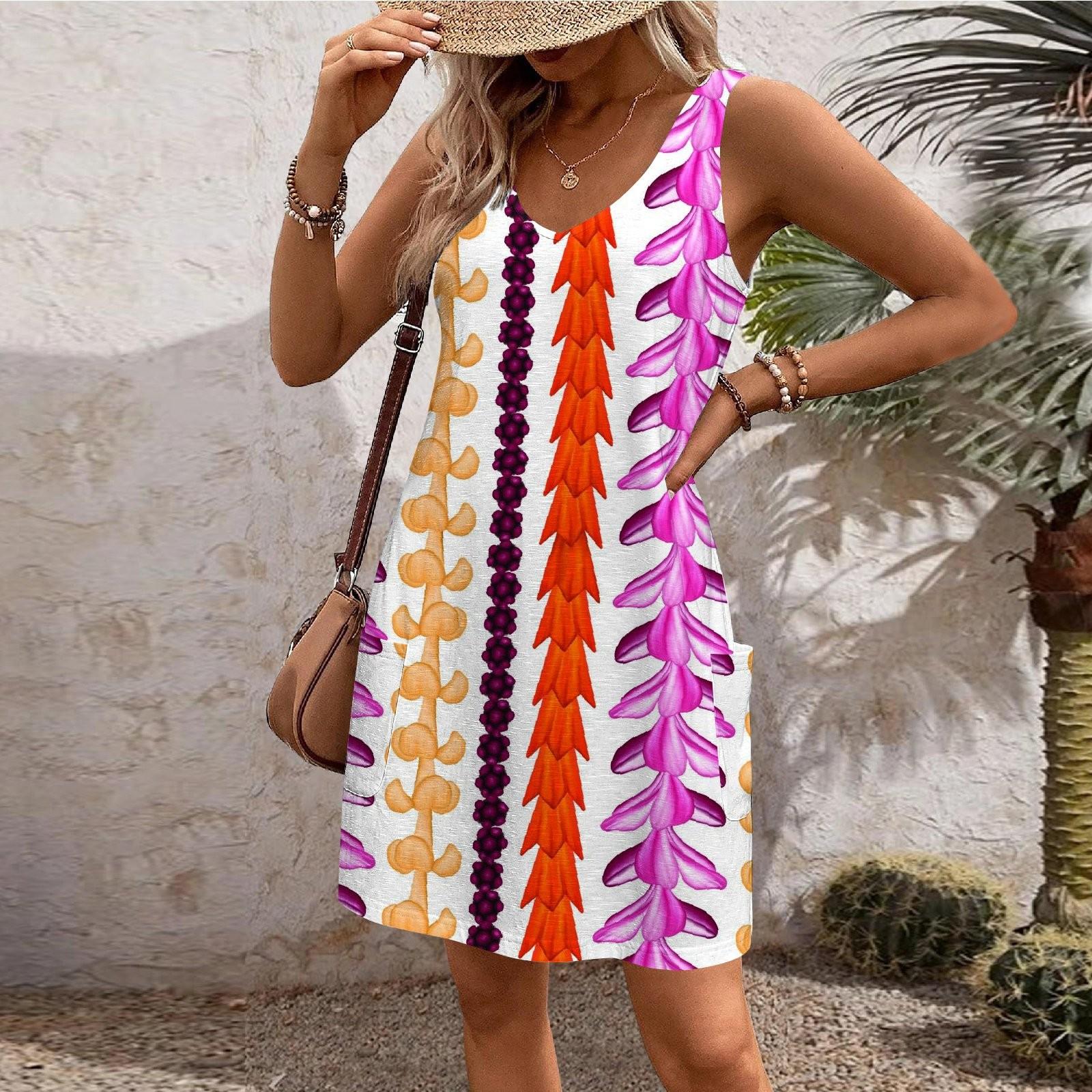 Lässiges Sommerkleid für Damen mit Taschen, Sommer-Boho-Strandkleid, Blumenblusen für Damen, T-Shirts, Kleid mit V-Ausschnitt, lockere Tank-Kleider XXXL heißes rosa