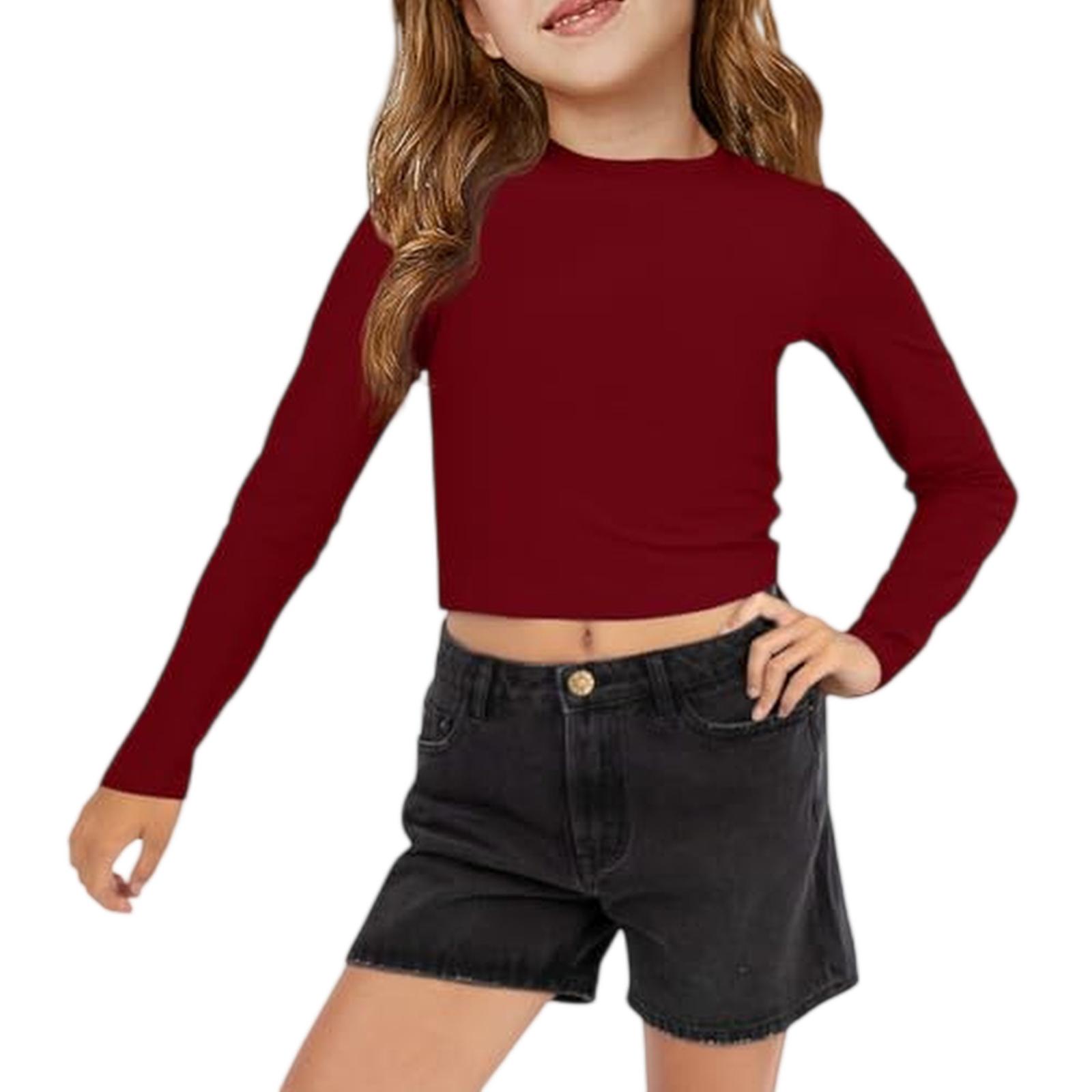 Langarm Crop Top für Mädchen Teenager Mädchen Kleidung Mädchen Kurzarmshirt Mädchen Oberteile T-Shirts & Blusen für den Alltag 130 weinrot