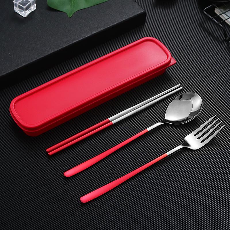 4-teiliges Reisebesteck-Set aus 18/8 Edelstahl, wiederverwendbares Utensilien-Set mit Etui, tragbares Geschirr, Gabel, Löffel und Essstäbchen-Set silber/rot