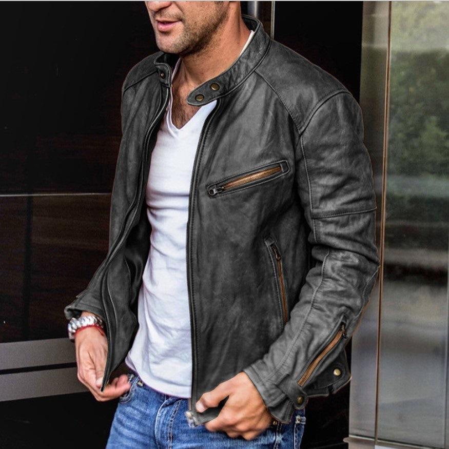 Europäische und amerikanische Herren-Herbst- und Winter-Hochwertige PU-Lederjacke für Herren-Jugend-Stehkragen-Punk-Herren-Motorrad-Lederjacke XXXL
