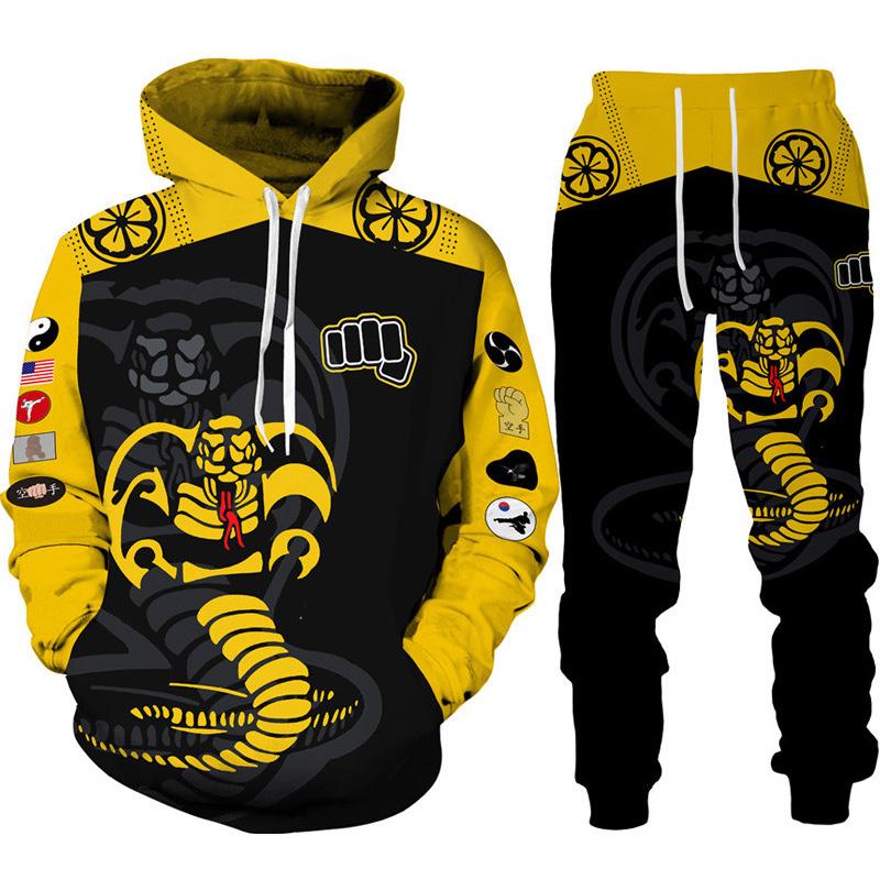 Lustiger Cobra Kai 3D-Druck-Trainingsanzug für Herren, cooler Hoodie/Hosen/Anzug Hip Hop 2022, modisches Langarm-Jogging-Sportbekleidungs-Athletik-Set 3XL schwarz