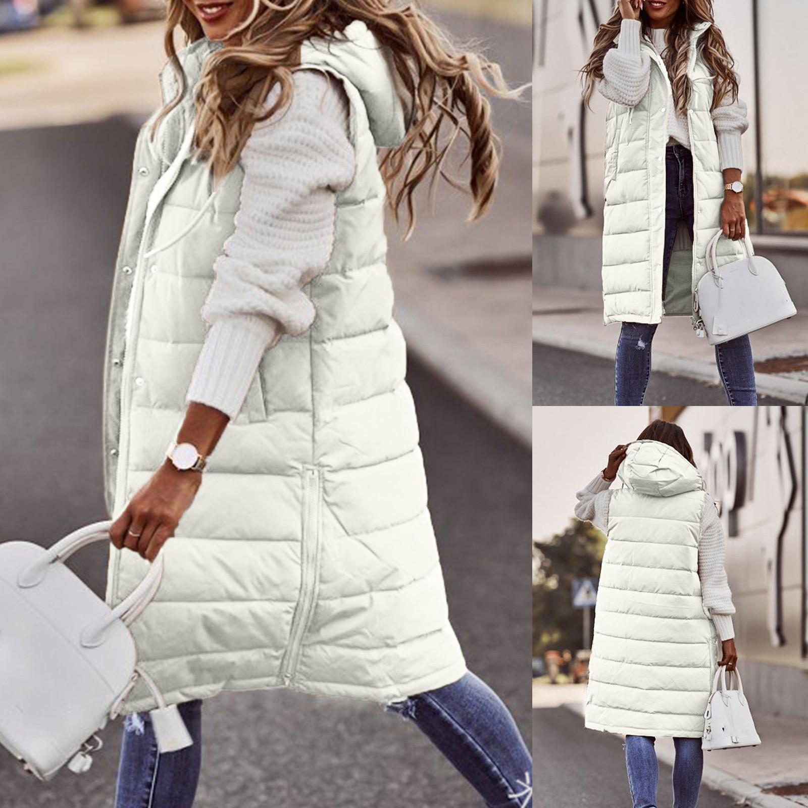 Damen Langer Mantel Weste mit Kapuze Herbst Winter Ärmellos Warm Baumwolle Daunenmantel Weste Gesteppte Weste Daunenjacke Oberbekleidung XXL weiß