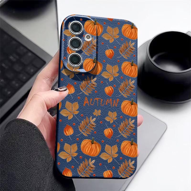 Herbst Kürbisdruck Handyhülle Für Samsung Galaxy S25 Edge S24 S25 FE S23 S22 Ultra A17 A56 A55 A54 A36 A15 A16 Silikon Ledertextur Cover Samsung Galaxy A56
