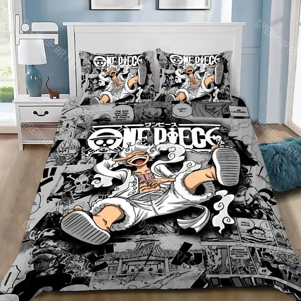 One Piece Bettbezug Kissenbezug, Luffy Cartoon-Druck Kinderbettwäsche-Set, Schlafzimmerdekoration Erwachsener Junge Geschenke 140x200cm black
