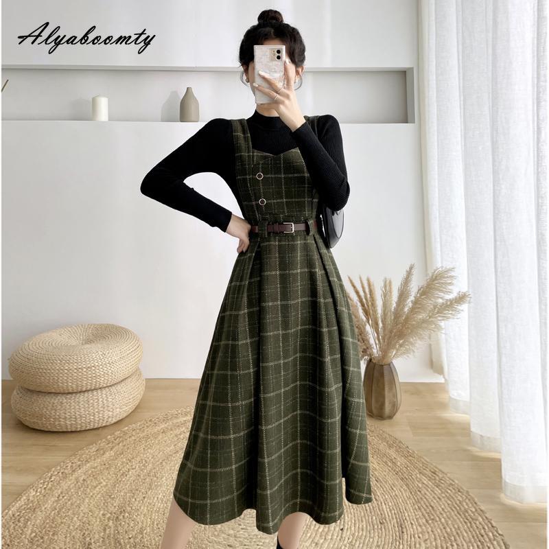 Mori Mädchen Herbst Winter Frauen Woolen Sommerkleid Khaki Blau Grün Woolen Tank Kleid Wolle Englant Ärmelloses Dickes Warmes Kleid M grün
