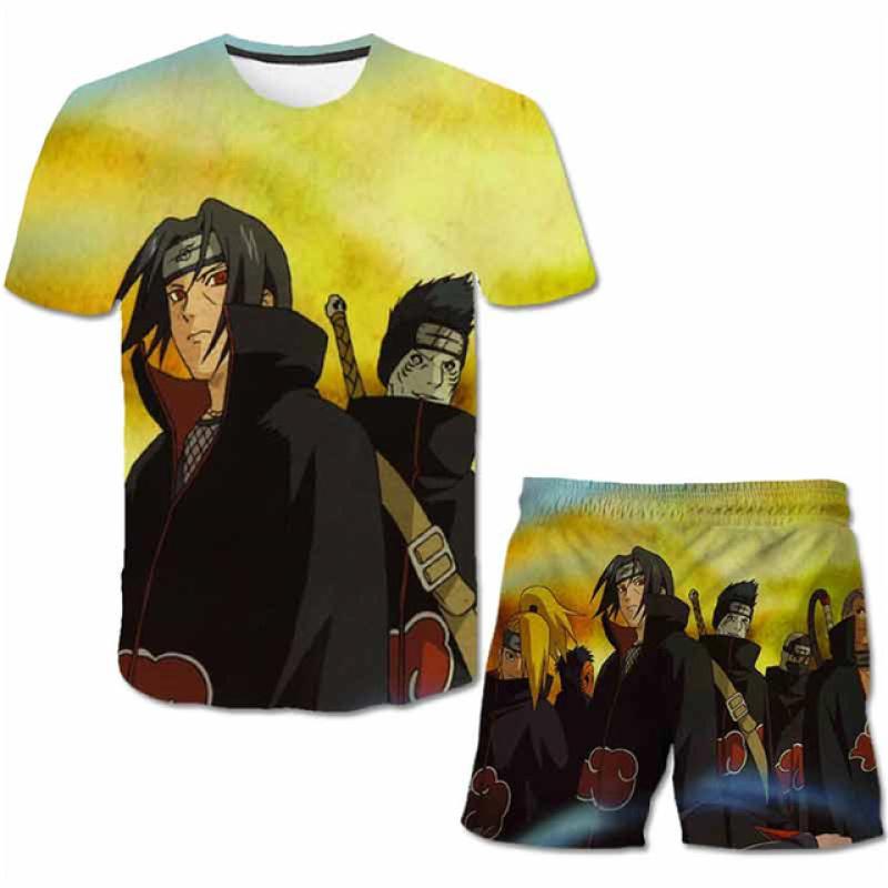 Modische 3D-Kleidung für Kinder, 2-teiliges Set mit Naruto-Aufdruck + Shorts, Hose, Kleidung für 4–14 Jahre, Kinder, Jungen, kurzärmeliges Kostüm-Outfit 150