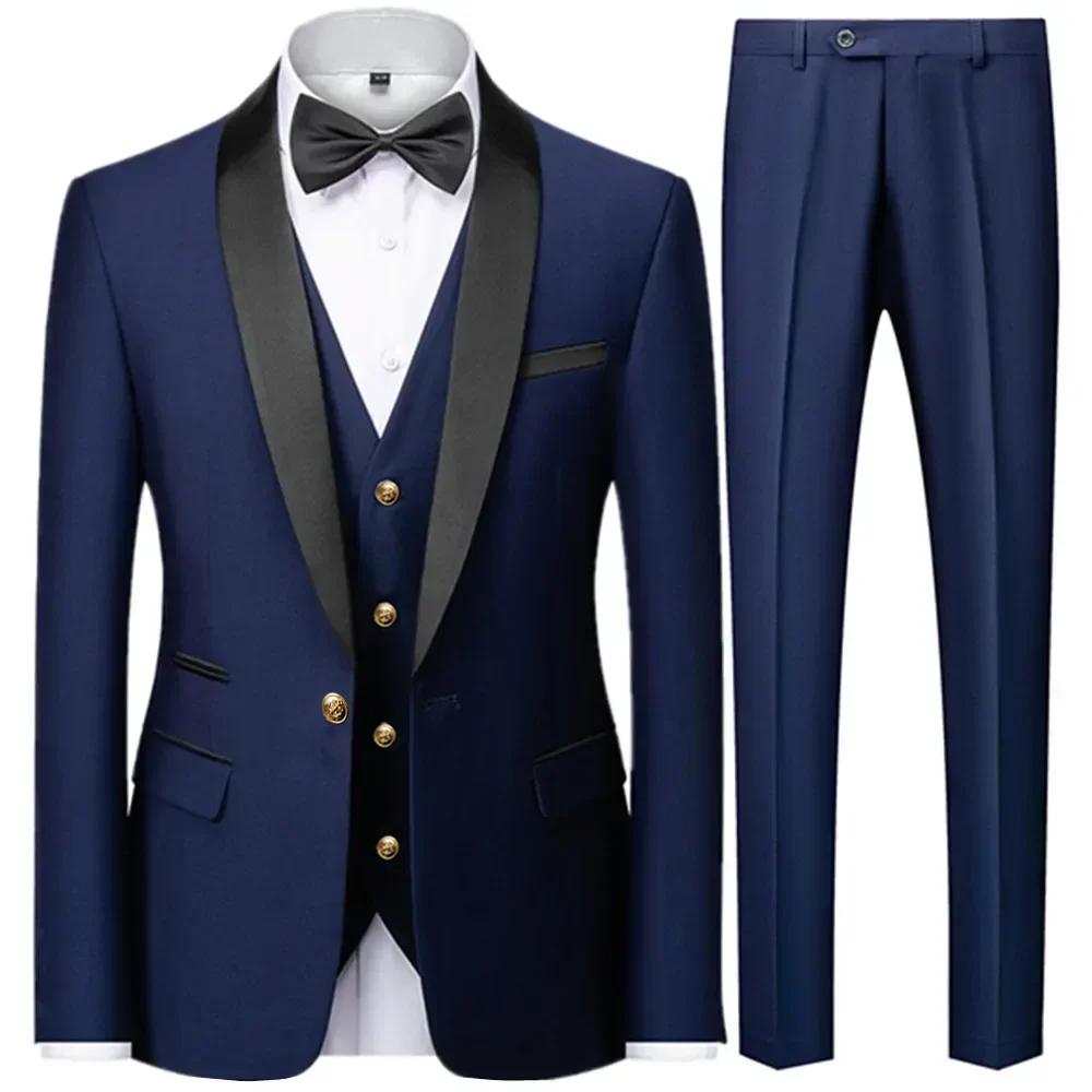 Herrenanzug Groomsmen Regular Fit Smoking 3-teiliges Set Jacke+Hose+Weste Blazer Hosen 6XL dunkelblaue