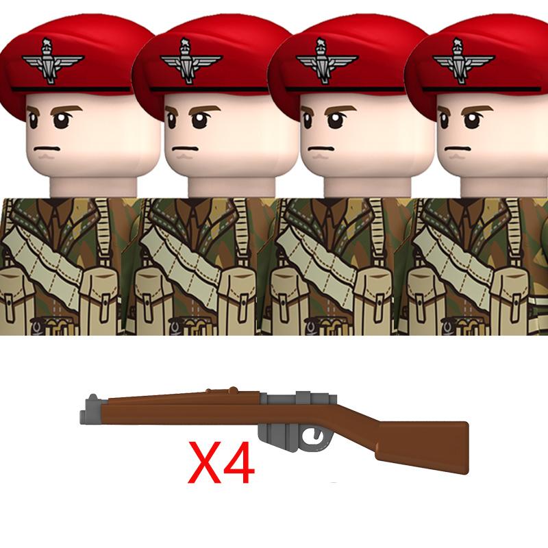 4 Stück MOC WW2 Großbritannien Militärsoldaten Bausteine Luftwaffe Armee Infanterie Helme Waffen Pistole Zubehör Steine Spielzeug Jungen Geschenk