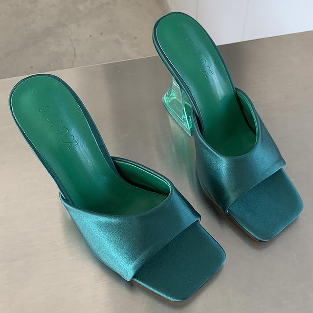 Sommer Luxus Frauen PVC Transparent Heels Hausschuhe 8cm Kristall High Heels Slides Grün Orange Peep Toe Slip On Slides Schuhe 9 grün