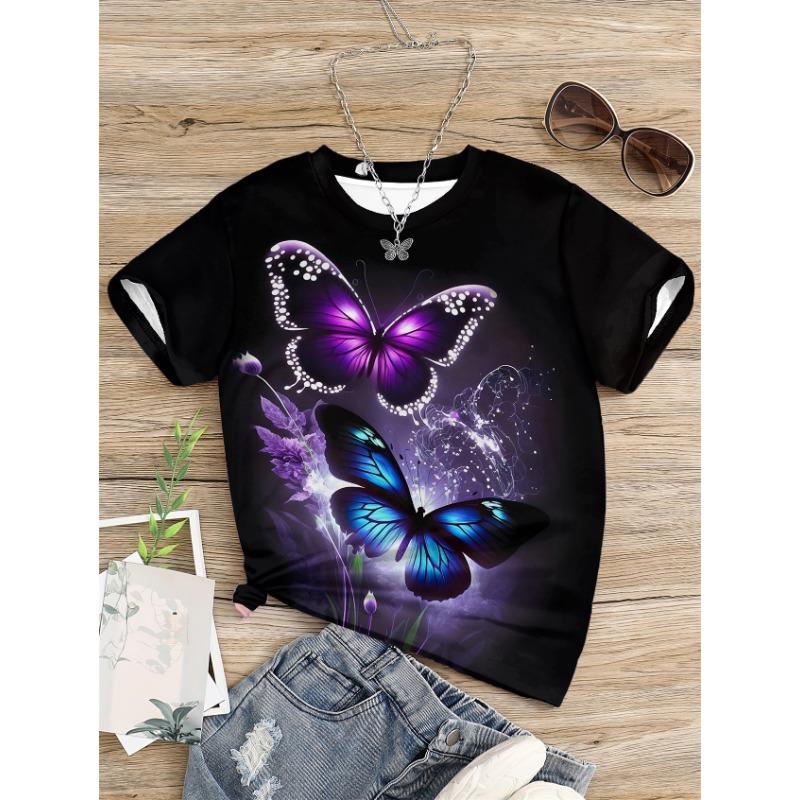 5 bis 14 Jahre Mädchen Kleidung Lila und Blau Schmetterlingsdruck Schwarzes T-Shirt Kinderbekleidung Kinder Sommer Kurzarm Kinder Top 140 gray