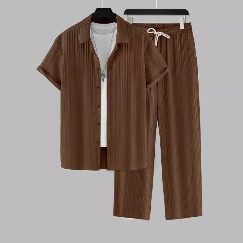 Sommeranzug für Herren Herren Sets Trainingsanzug Set Herren gestreiftes Kurzarmhemd mit Knopfleiste und Kragen, Jogginghosen-Set S braun