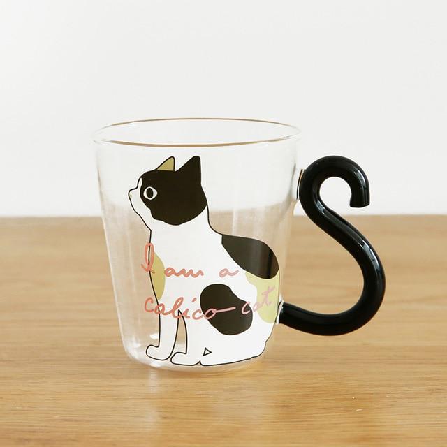 250ML Nette Katze Glas Saft Kaffee Tasse Milch Tee Kaffee Glas Becher Katze Schwanz Griff Katze Tasse Geschenke weiß