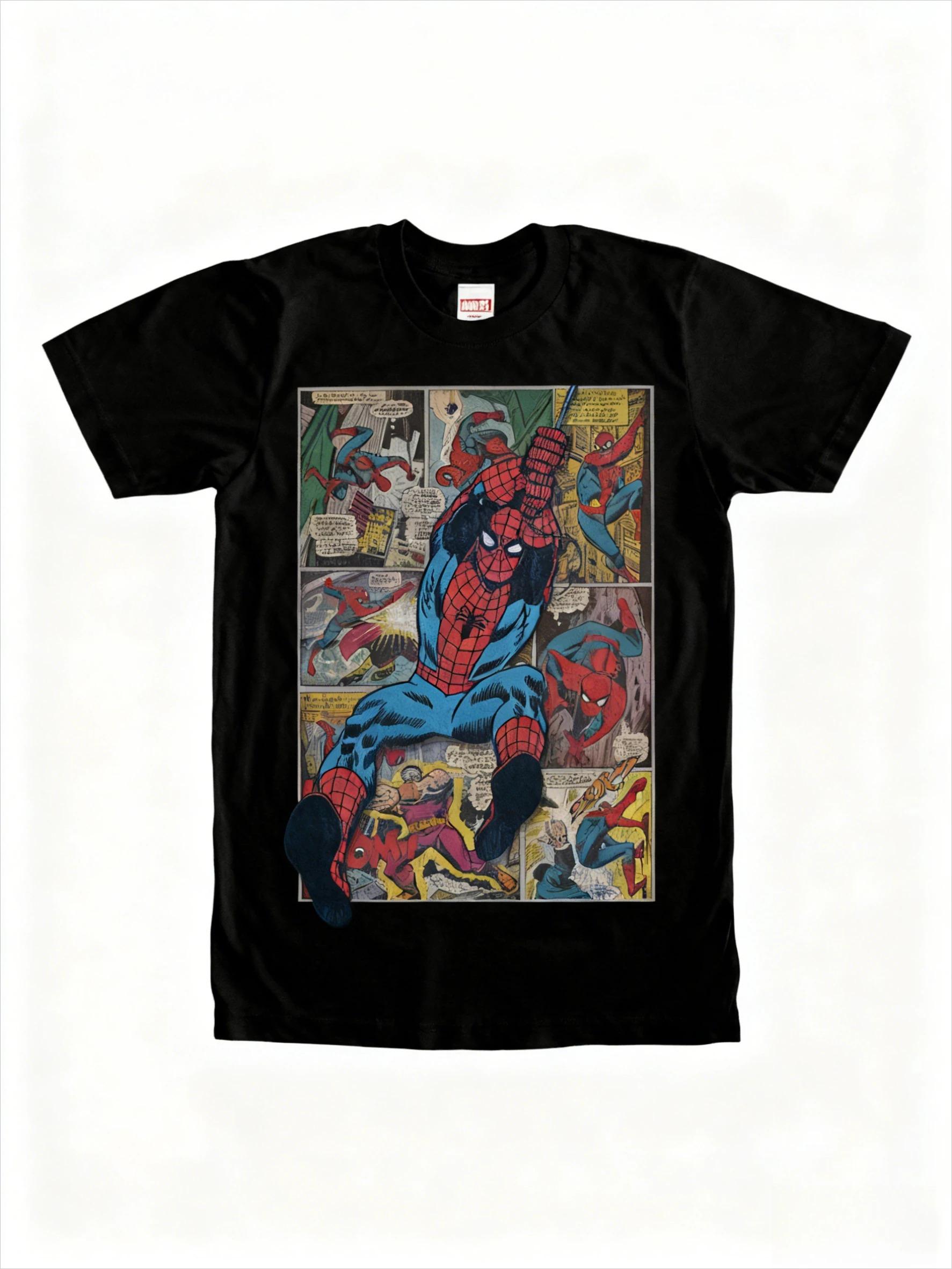 Übergroßes Kurzarm-T-Shirt mit einer Collage aus Vintage-Marvel-Spider-Man-Comic-Panels und einem 3D-artigen Überlager von Spider-Man, der schwingt L beige