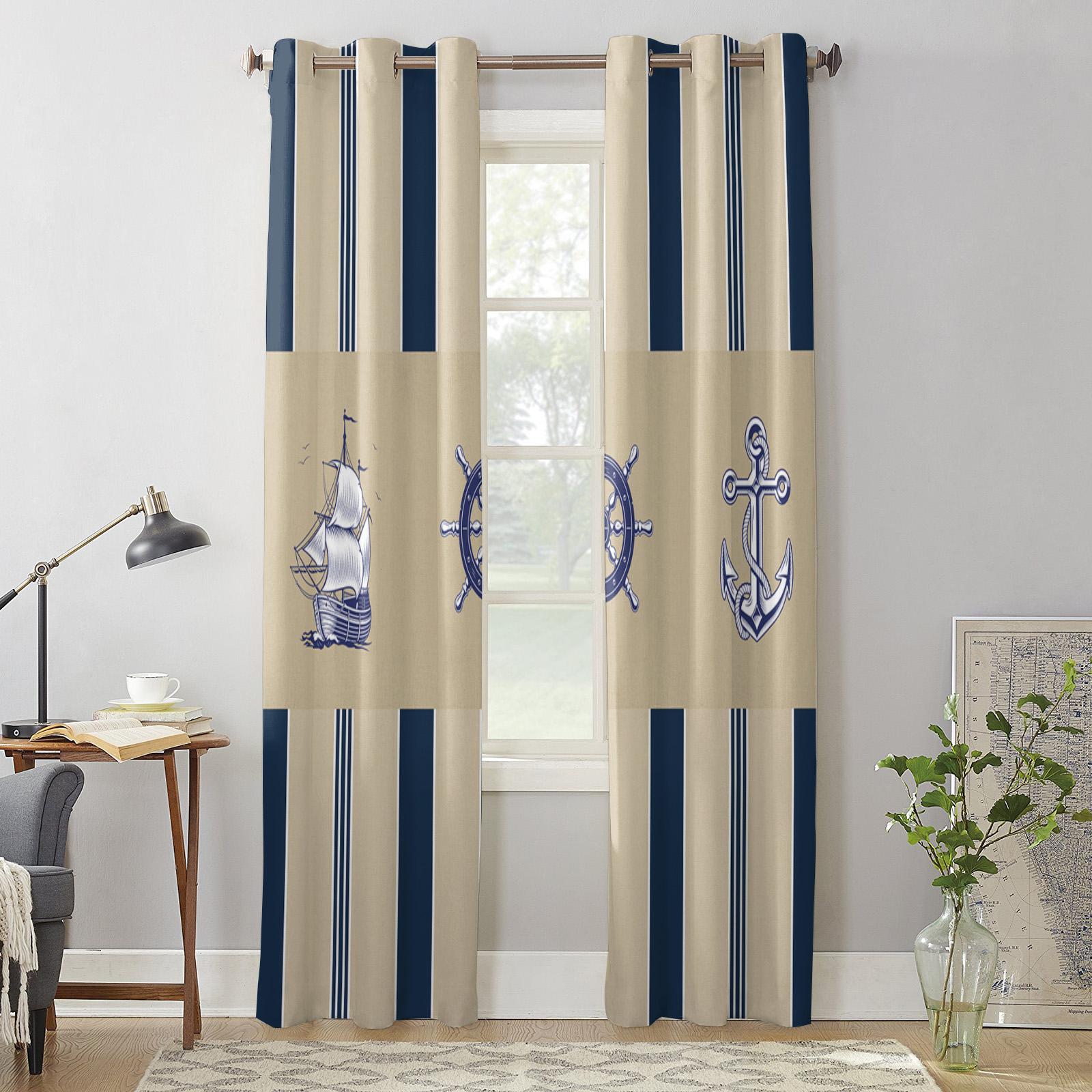 Gestreifte Schiffsruder Anker Vorhänge für Schlafzimmer Wohnzimmer Fensterdekorationen Jalousien Küche Heimdeko Vorhänge 135W x 135H(cm) x1