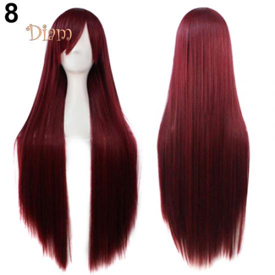 Fetong Mode Mädchen Frauen Lange Cosplay Schräge Pony Gerade Volle Perücken Haarverlängerung dunkelrote