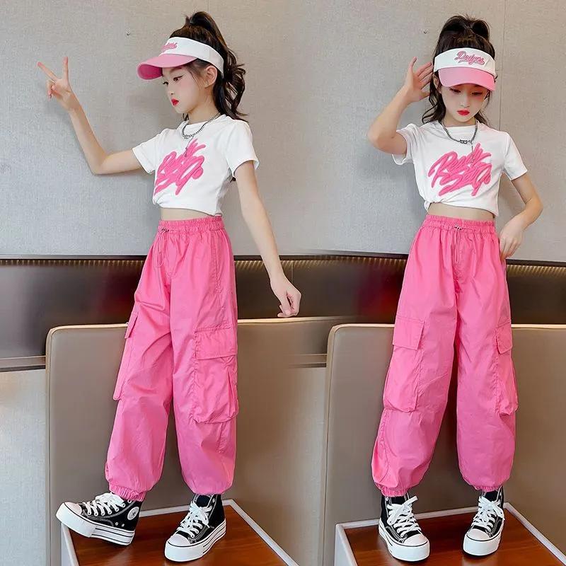 Kinder Hip Hop Joggers Hosen Mädchen Cargo Hosen Gerade Hosen Hohe Taille Vintage Casual Streetwear Baggy Hosen 150cm rosa