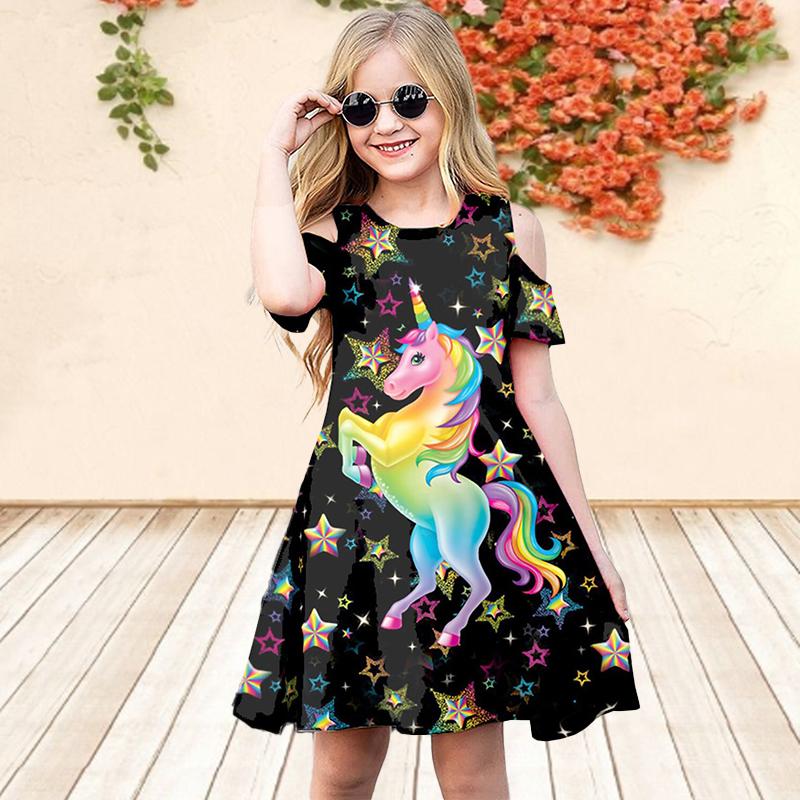 Mädchen-Kleid mit Blumenmuster, rosafarbenes Pferd, für Kinder, Mädchen, Party, schulterfreies Kleid, Prinzessinnenkleid, kurzärmeliges Kleid, über vier Jahre alt 80 schwarz