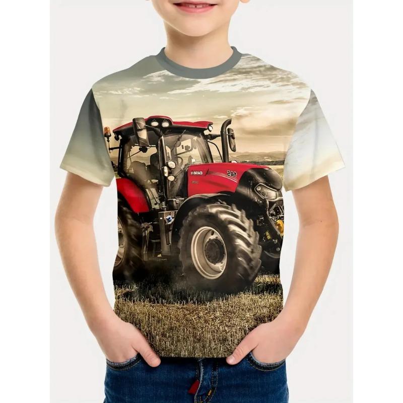 Cooler 3D Traktor Print Kinderkleidung Jungen T-Shirt Kurzarm Mode Kinder Sommerkleidung Outdoor Aktive Kinderbekleidung 100 beige