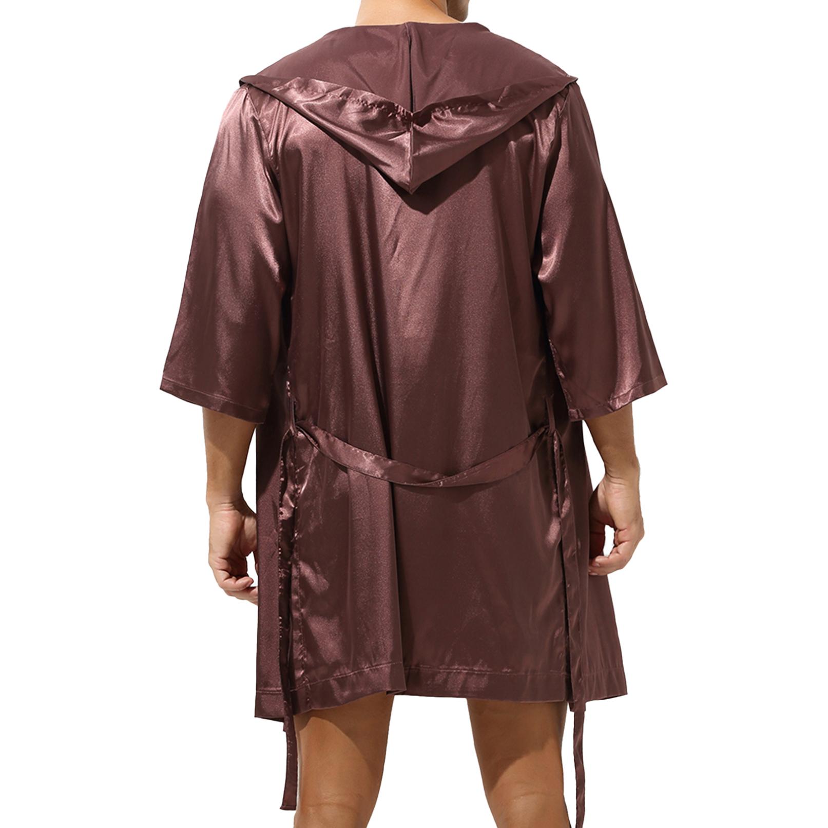 Herren-Bademantel aus Satin mit offener Vorderseite, leicht, Nachtwäsche, halbarm, Kimono-Bademantel XL kaffeebraun