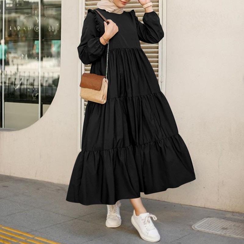Frühling Herbst Damen Kleider Retro Rundhals Langarm Casual Kuchen Rock Kleider Langes Kleid XXL schwarz