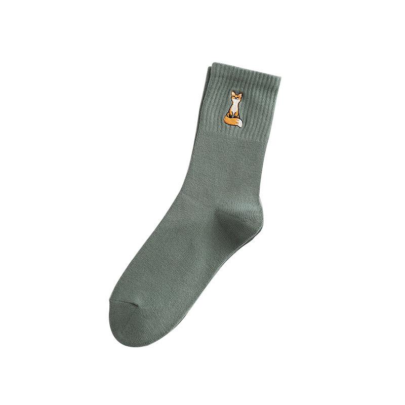 Nette Fox Stickerei Dicken Mittelrohr Socken Baumwolle Atmungsaktiv Einfarbig Frauen Socken Herbst Winter Cartoon Socken Sokken Mädchen grün