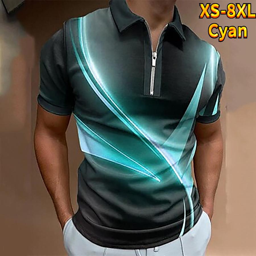 Lässiges Revers-T-Shirt, modisches Reißverschluss-T-Shirt für junge Männer, kurzärmliges T-Shirt für Herren, 3D-T-Shirt mit gelbem hellem Lichtdruck M cyanblau