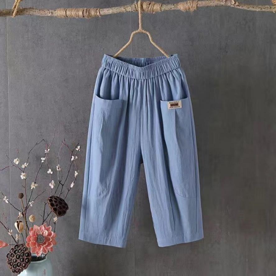 JKASHDK Baumwolle Hanf Cropped Hose Damen Frühling Sommer Übergröße Locker Leinen Elastischer Bund Hose XXXXL blau