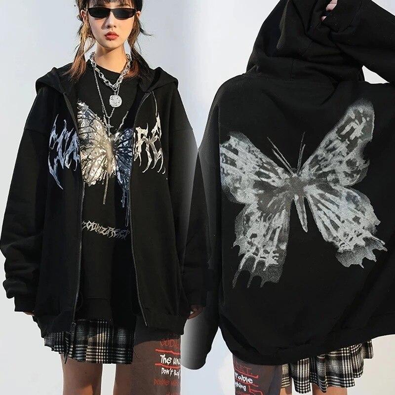 Hip Hop Street Hoodie Damen Jacke Schmetterling Print Gothic Jacke M schwarz