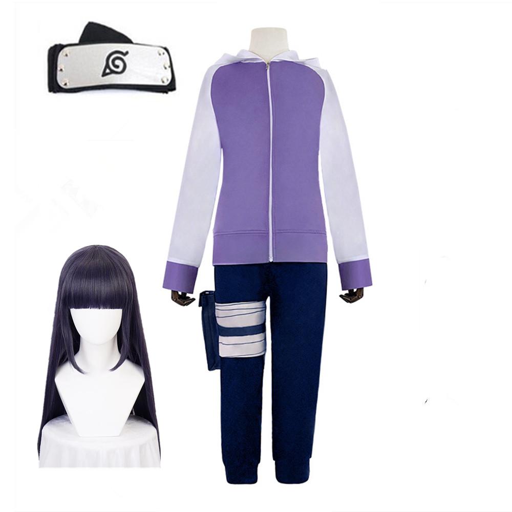 Anime Hinata Hyuga Cosplay Kostüme Lila Jacke Mantel Kopfbedeckungen Perücke Vollen Satz Hosen Halloween Party Uniform Anzüge XXXL-(Costume+Wig)