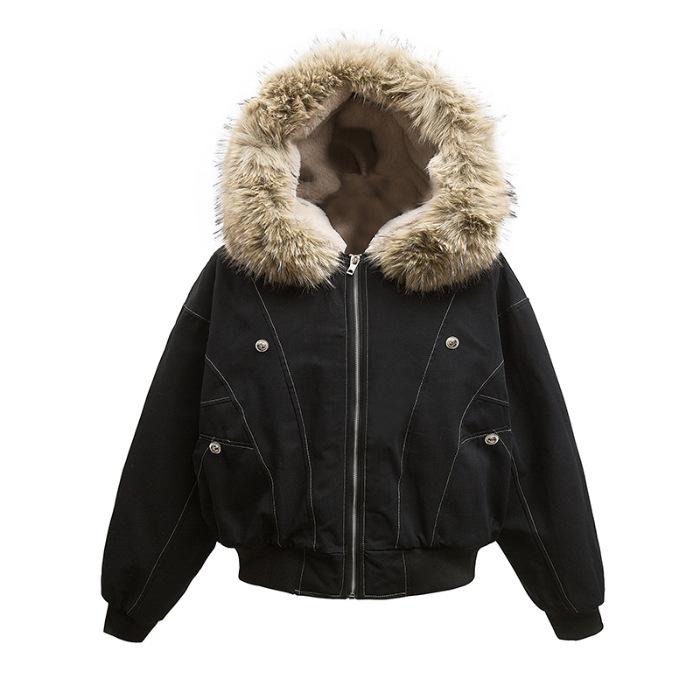 Herbst- und Winter Damenjacken Pelzkragen Parkas Mantel Vintage Verdicken Fleece Warme Jacken Streetwear Harajuku Hip Hop Gepolsterte Jacken Oberbekleidung XS schwarz