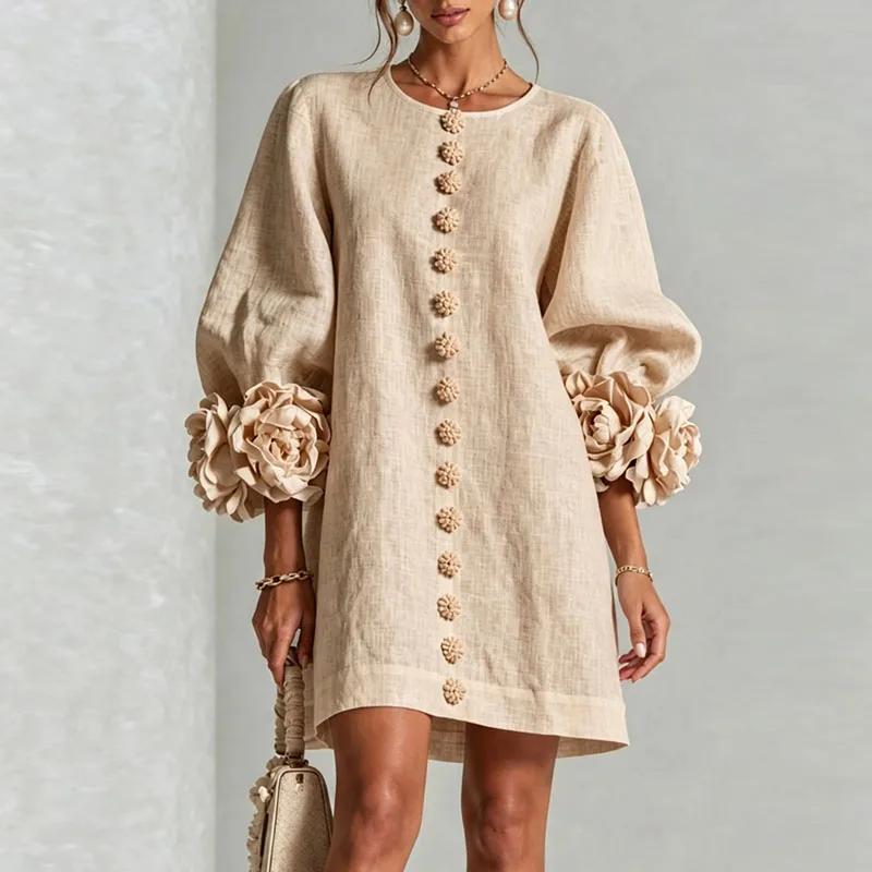 Damen Lockeres Minikleid Rundhalsausschnitt Puffärmel Langarm 3D Blumenmanschette Dekorativer Knopf Vorne Freizeit Leinenoptik Damen Kurze Kleider S apricot