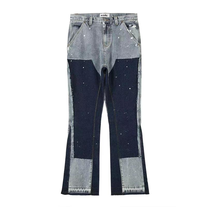 Herren Street Jeans Trend Kleidung Spot Ink Color Baggy Jeans Patchwork Fransen Jeans Loose Horn XL blau