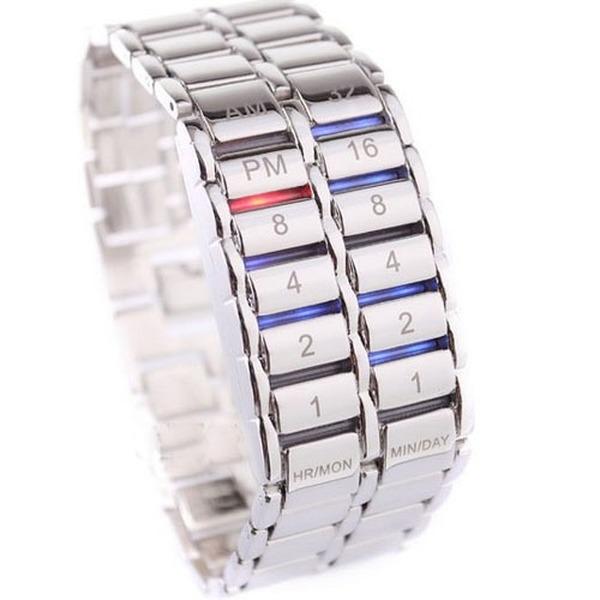 Modische Digitaluhr, coole vulkanische Lava-Stil, Eisen, gesichtslose Binär-LED-Armbanduhren silber