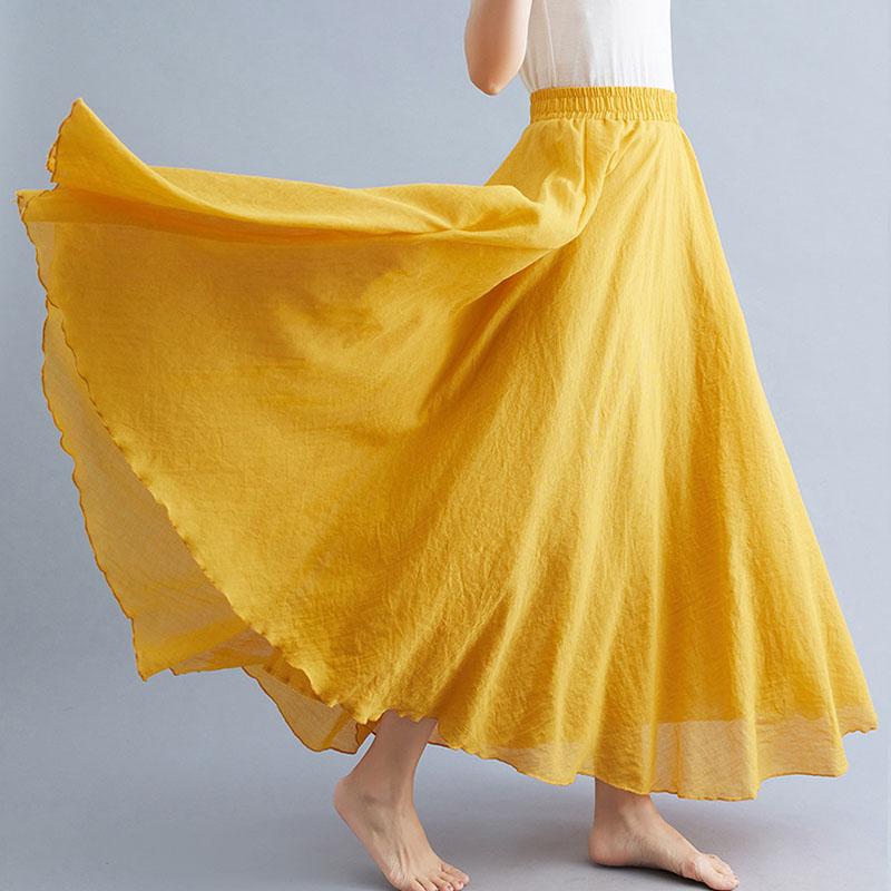 Sommer Herbst Damen Rock Literarisch Große Baumwolle Leinen Halbrock Elastische Taille Leinen A-Linie Rock Langer Abschnitt Reine Farbe Wind Swing Rock M dunkel gelb