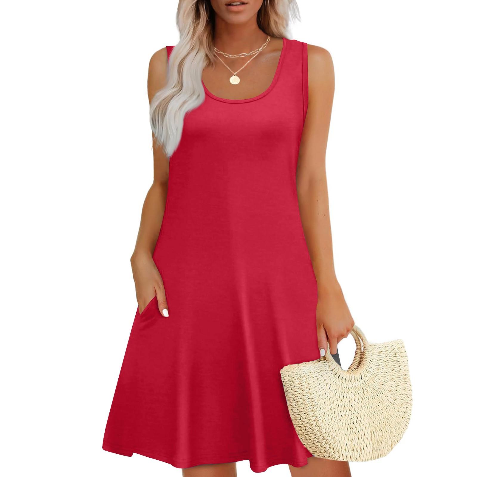 Lässiges Sommerkleid für Damen mit Taschen, Sommer-Boho-Strandkleid, Urlaubskleider für Damen, T-Shirt-Kleid, U-Ausschnitt, lockere Tank-Kleider L rot