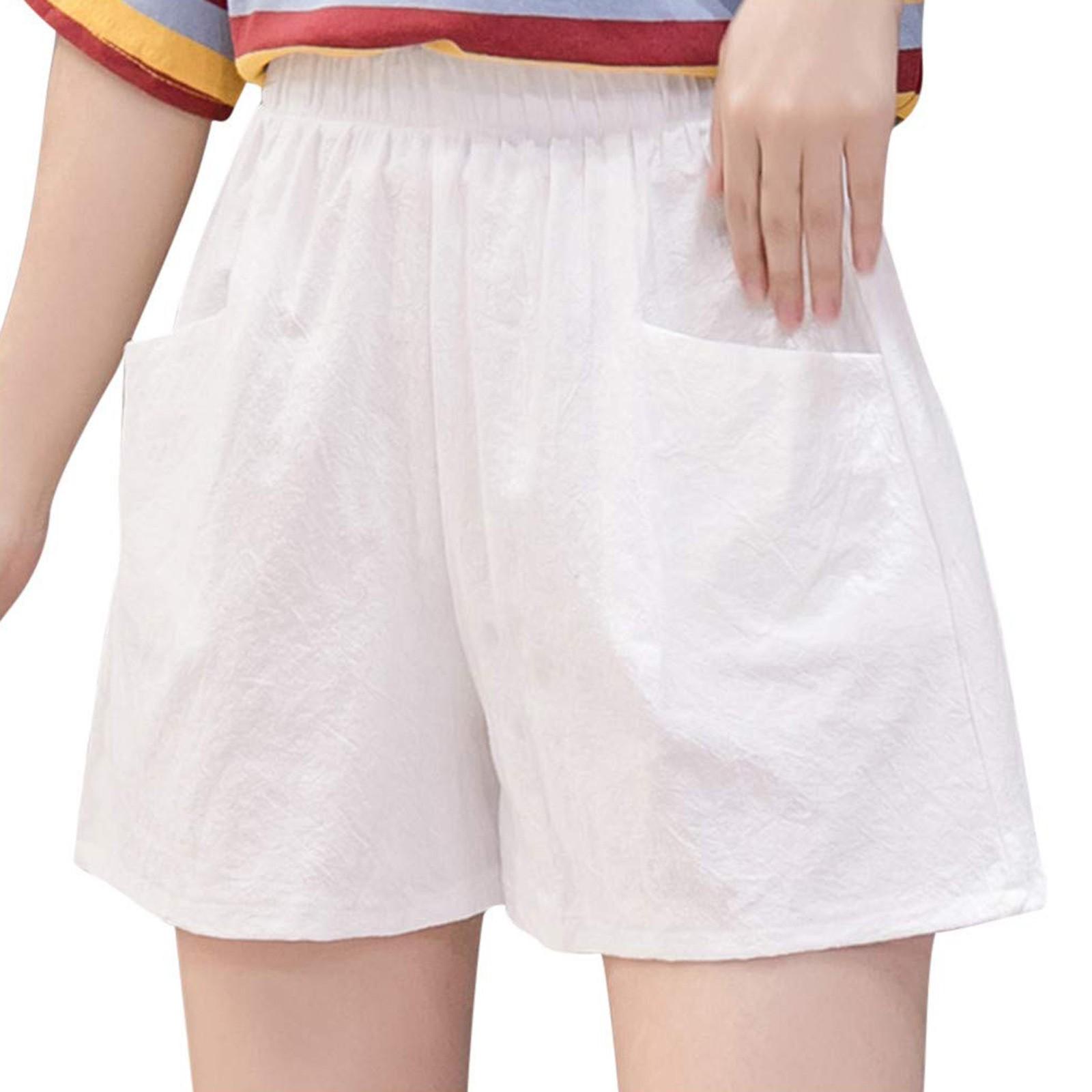 Damen-Shorts, hohe Taille, Kordelzug, knielange Shorts, elastische, bequeme Shorts mit Taschen L weiß