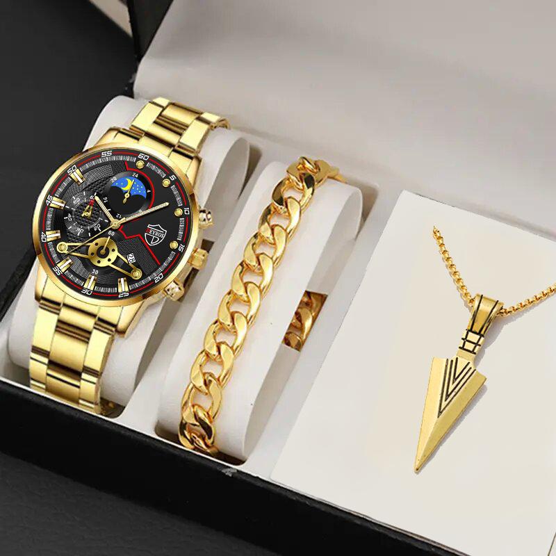 Mode Herren Kalender Uhren Herren Edelstahl Armband Uhr Business Mann Quarz Armbanduhr Armband Halskette Set gold
