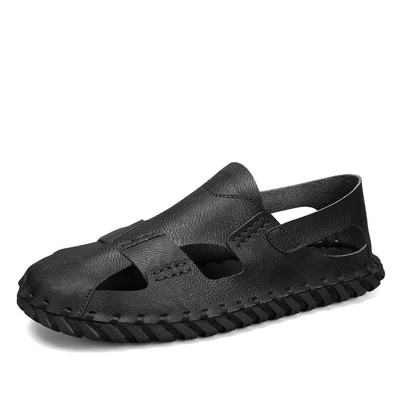 Herren Sandalen Neu Sommer Rutschfest Verschleißfest Strand Leder Sandalen Outdoor Outdoor Lässig Fahr-Slipper 46 schwarz