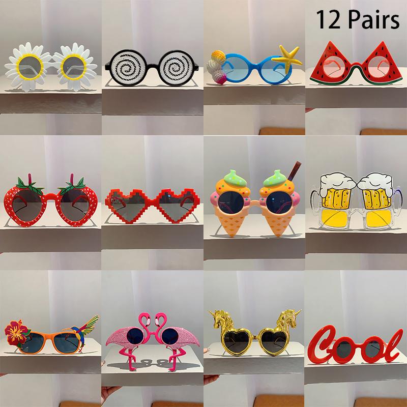 12 Paar pro Set Niedliche Strand-Sonnenbrillen Herren Lustige Sommerurlaubs-Dekorative Brillen Damen Mode Design Rave Sonnenbrillen as picture shows